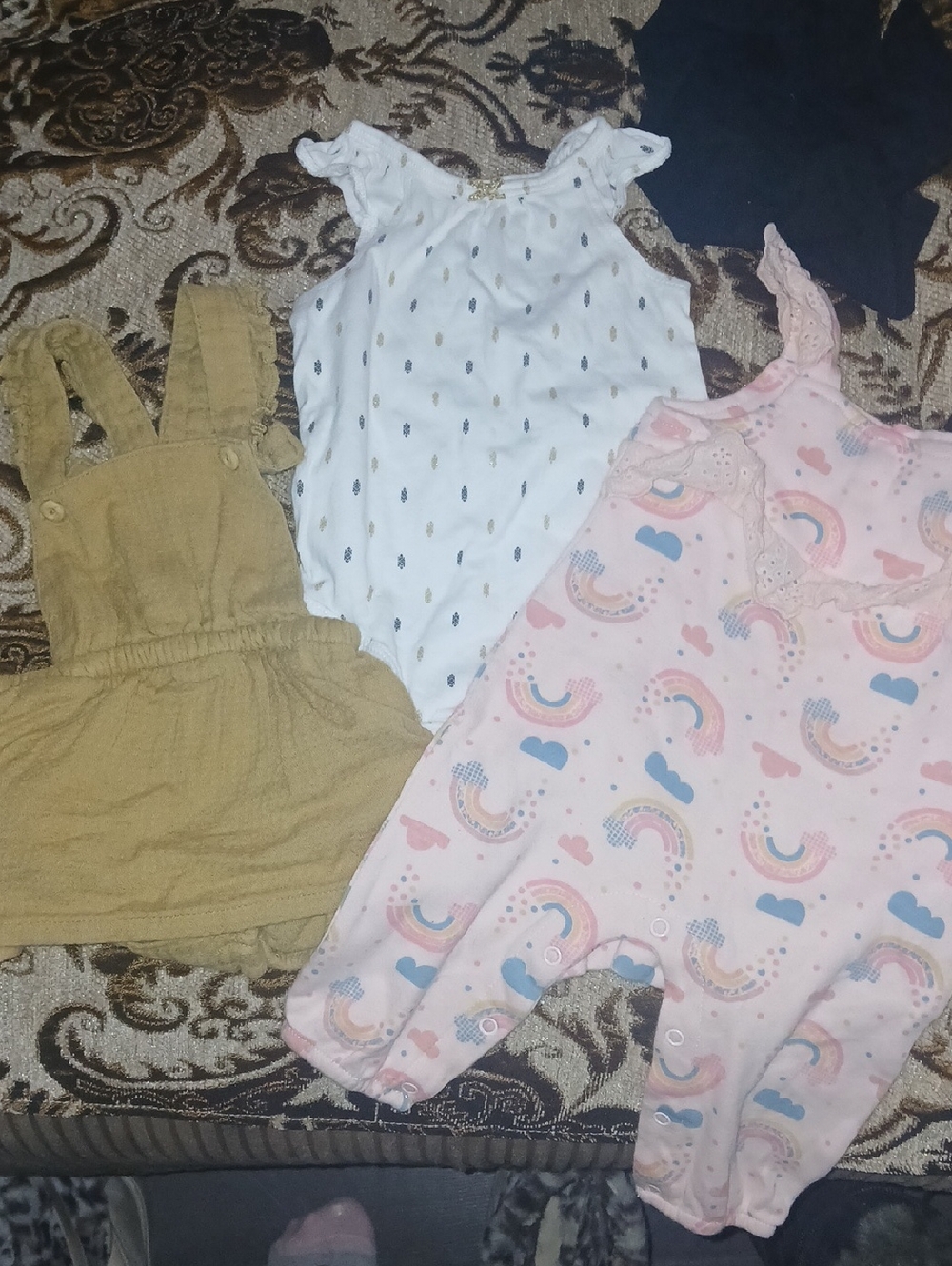 H&M Pink Rainbow Romper + White Top + Tan Suspender Skirt Set